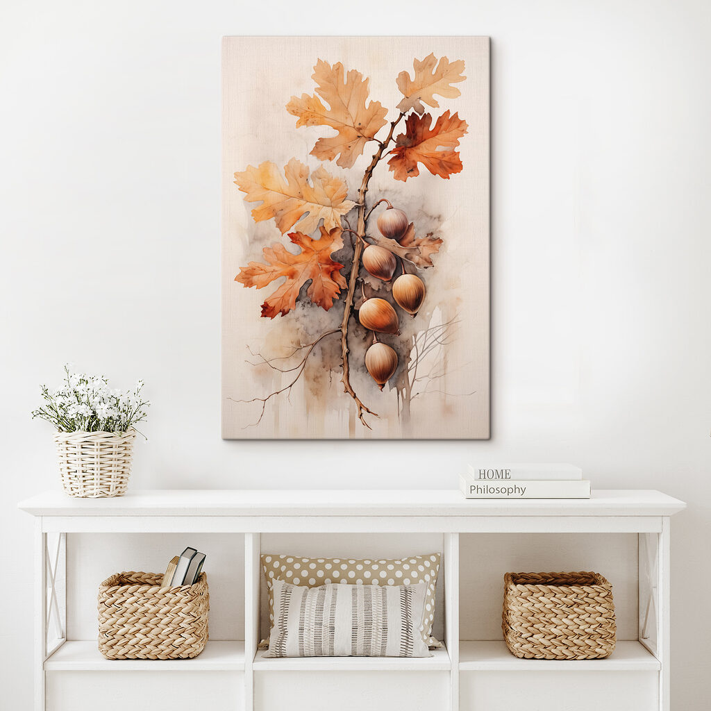 Acorns and leaves on a branch with a white background Acorns and leaves on a branch with a white background