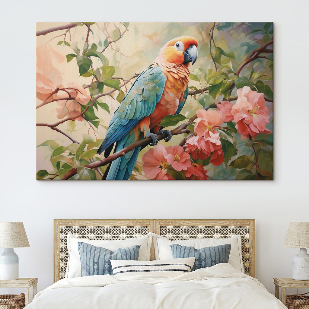 Colorful bird sitting on a branch with flowers