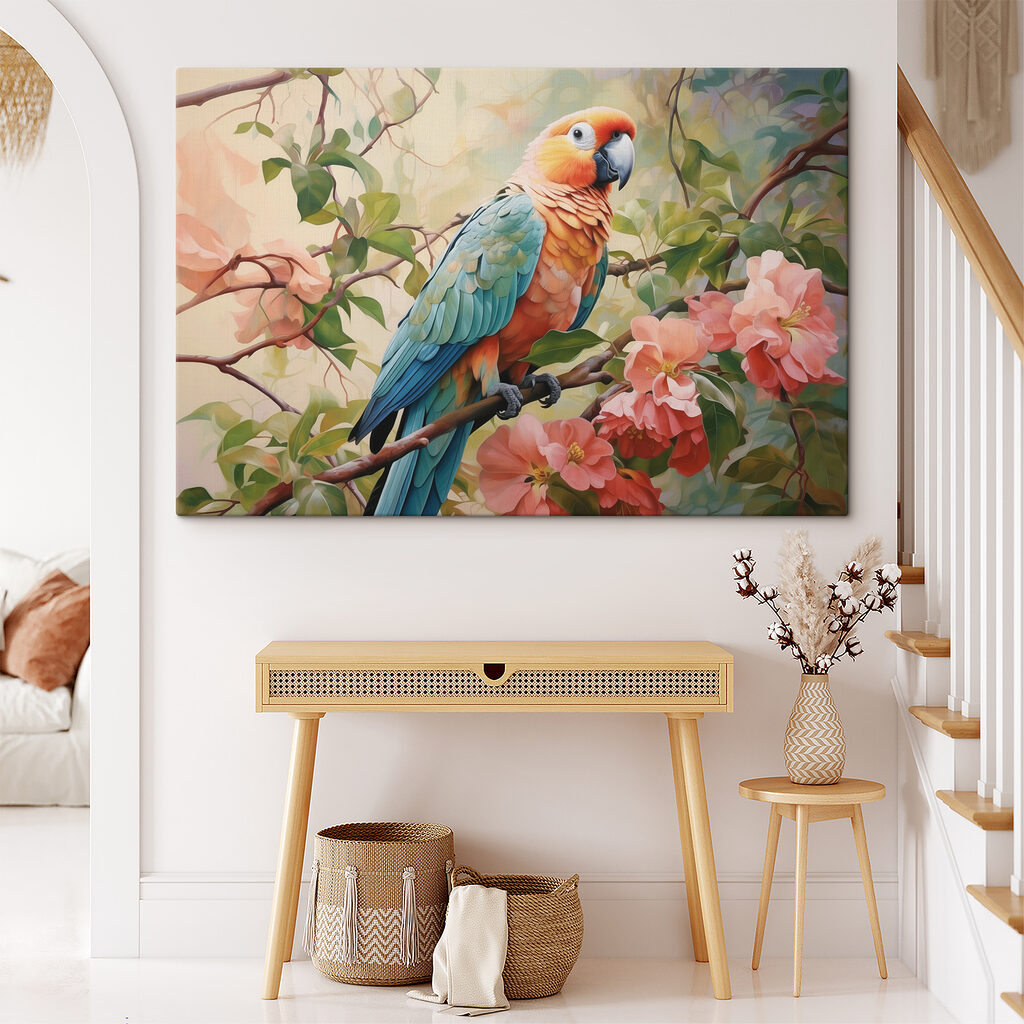 Colorful bird sitting on a branch with flowers