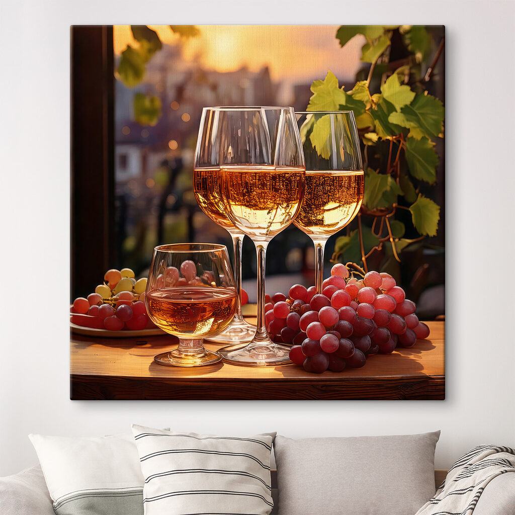 Group of wine glasses and grapes on a table
