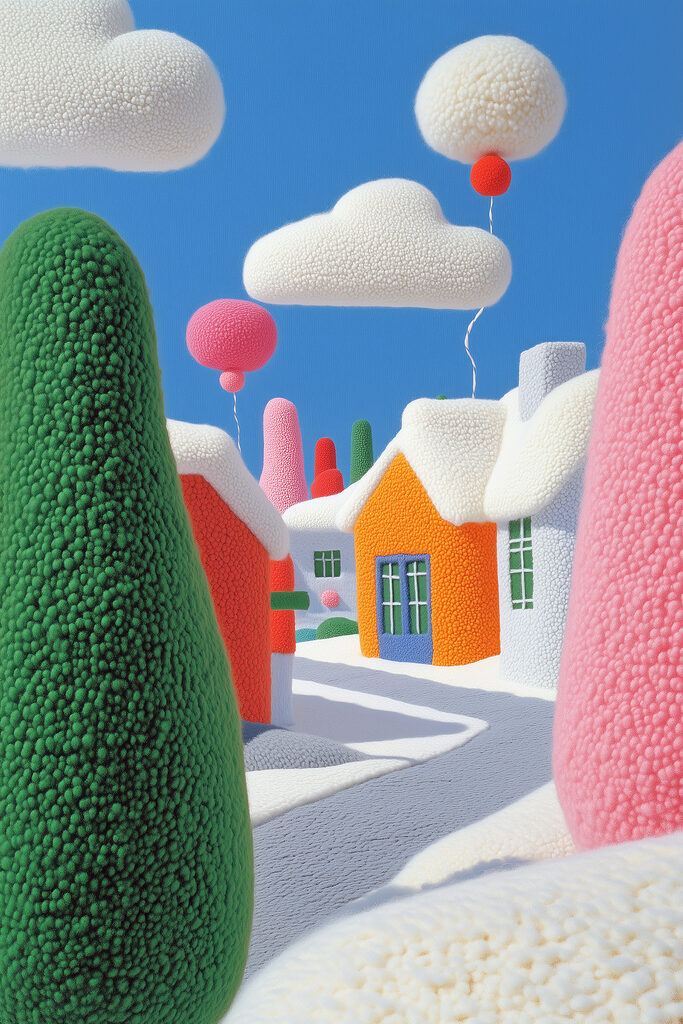 Cartoon town with trees and balloons