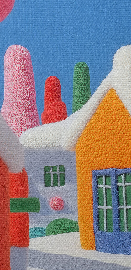Cartoon town with trees and balloons