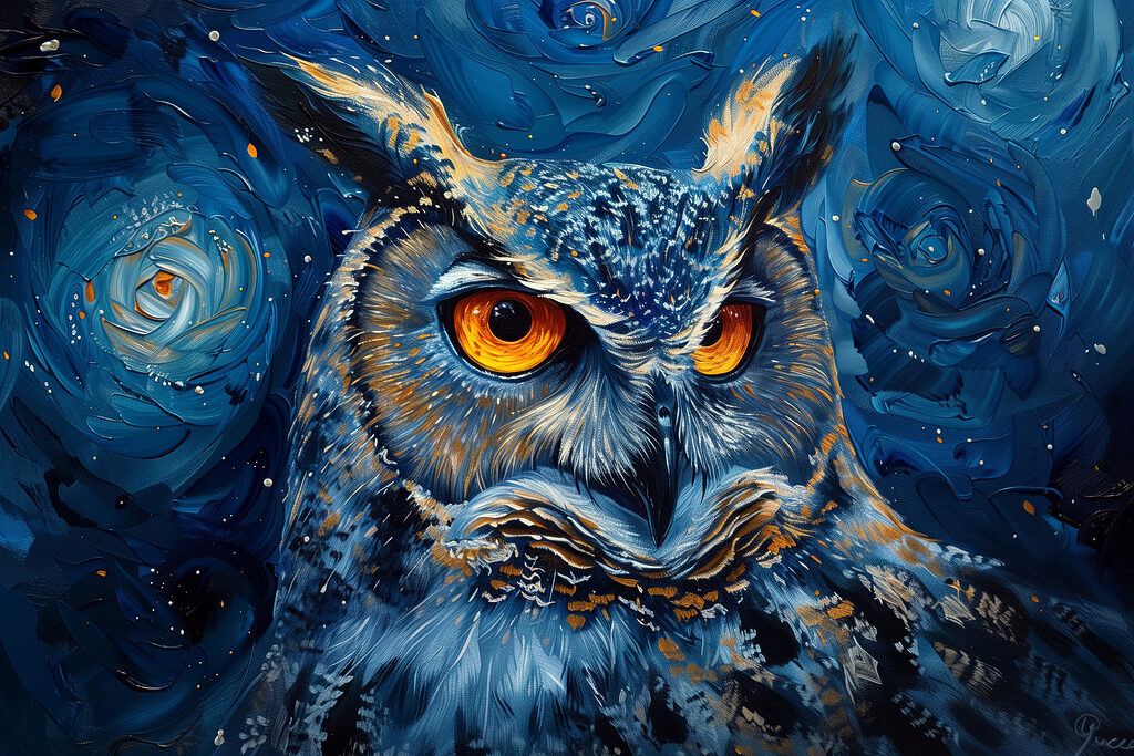 An owl with orange eyes