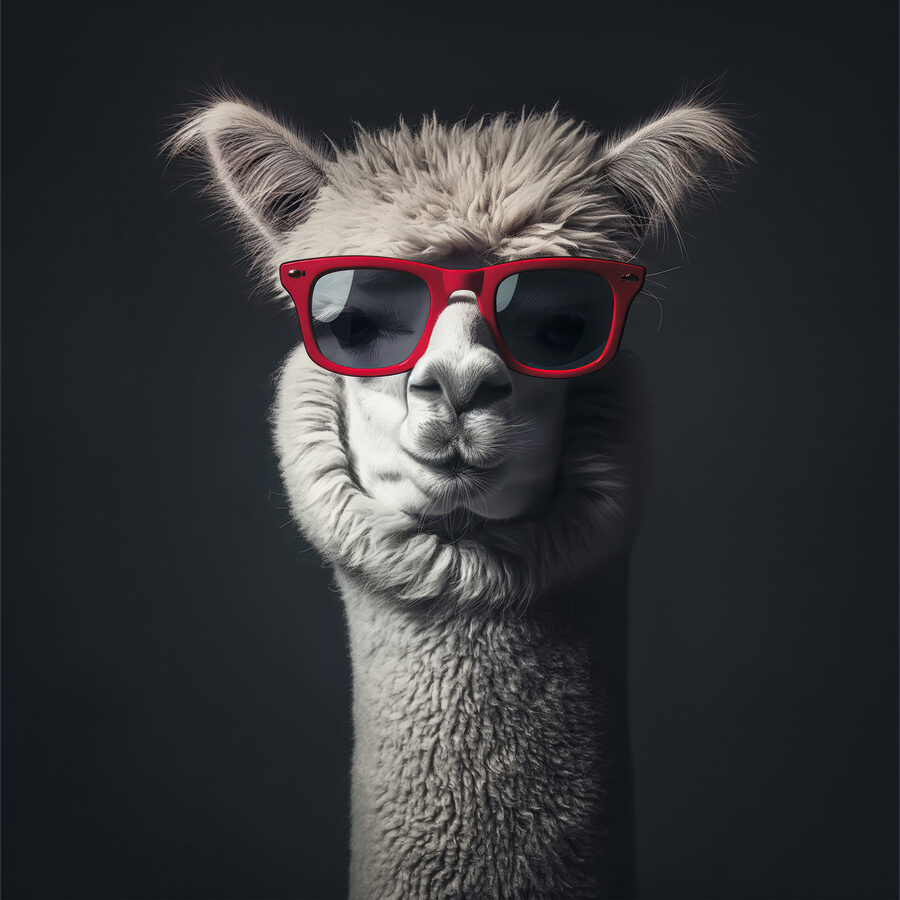 Lama s červenými slunečními brýlemi