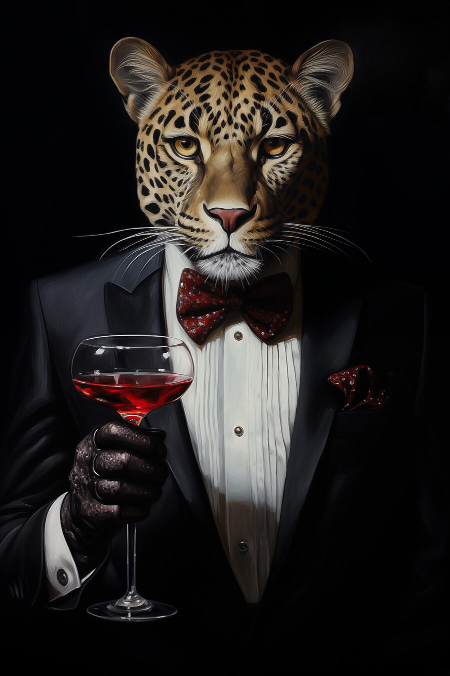 Leopard v obleku a s motýlkem, který drží skleničku na víno Leopard v obleku a s motýlkem, který drží skleničku na víno