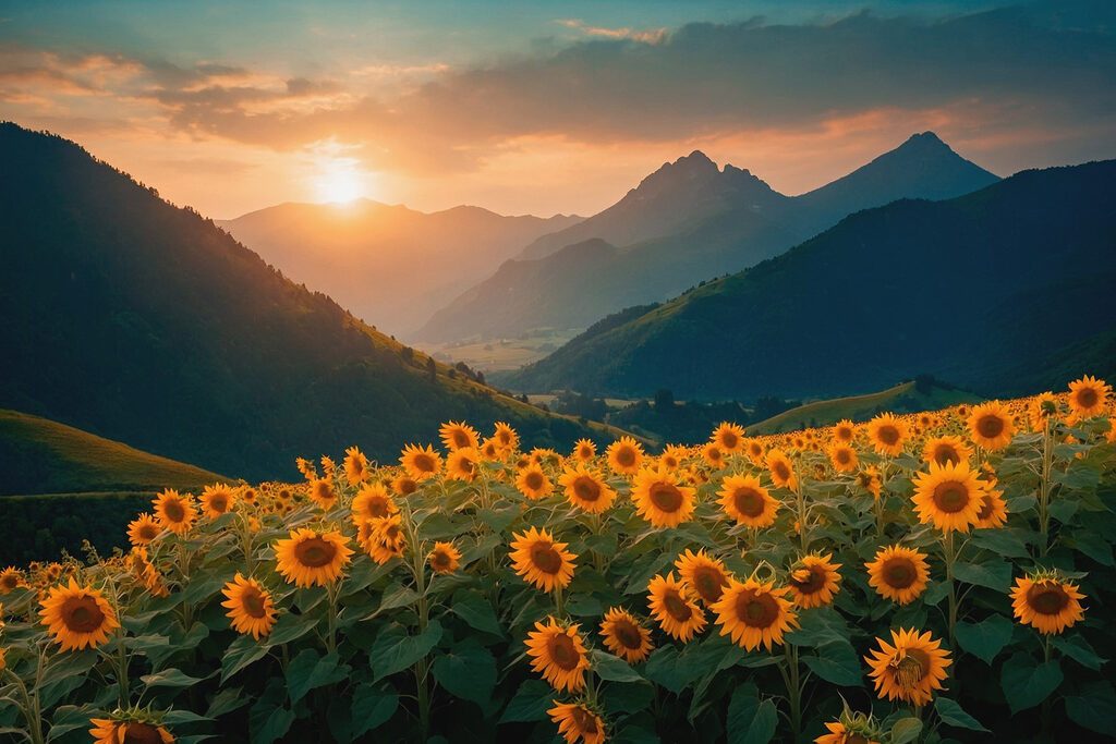 Field of sunflowers in the mountains Field of sunflowers in the mountains