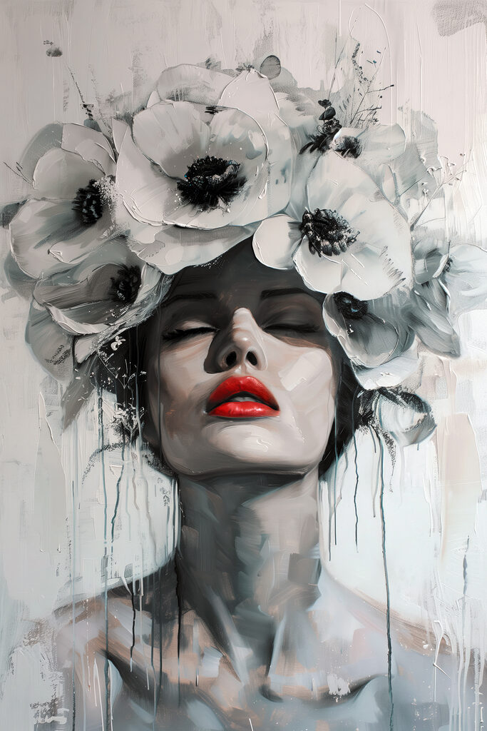 Painting of a woman with flowers on her head Painting of a woman with flowers on her head