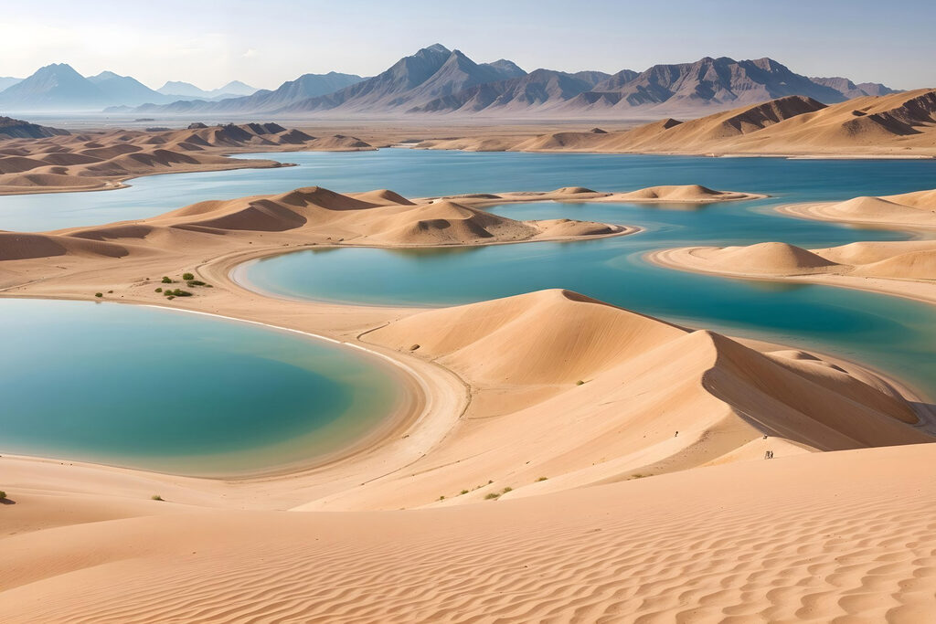 Desert with water and mountains in the background Desert with water and mountains in the background