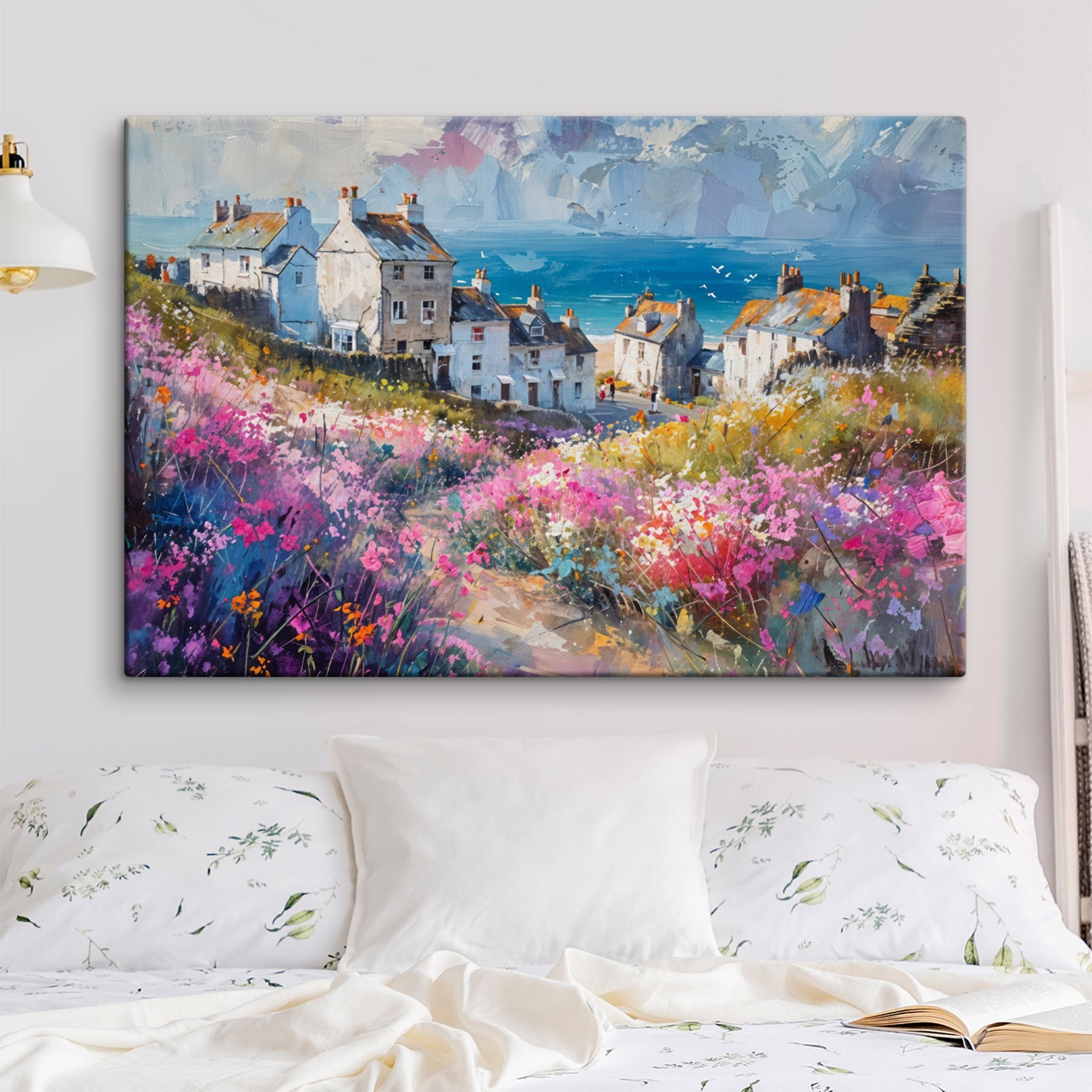 Painting of a village with flowers