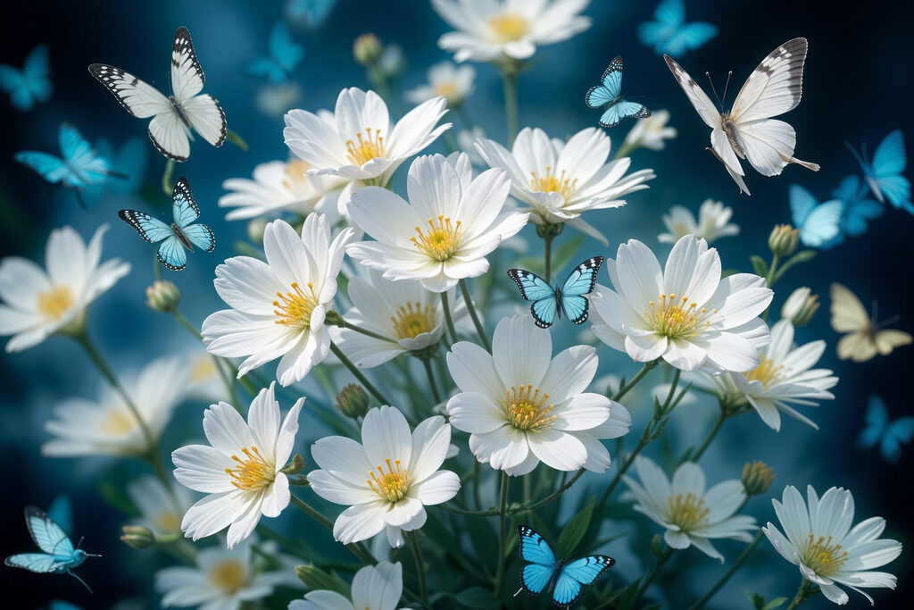 Group of butterflies flying around a white flowers