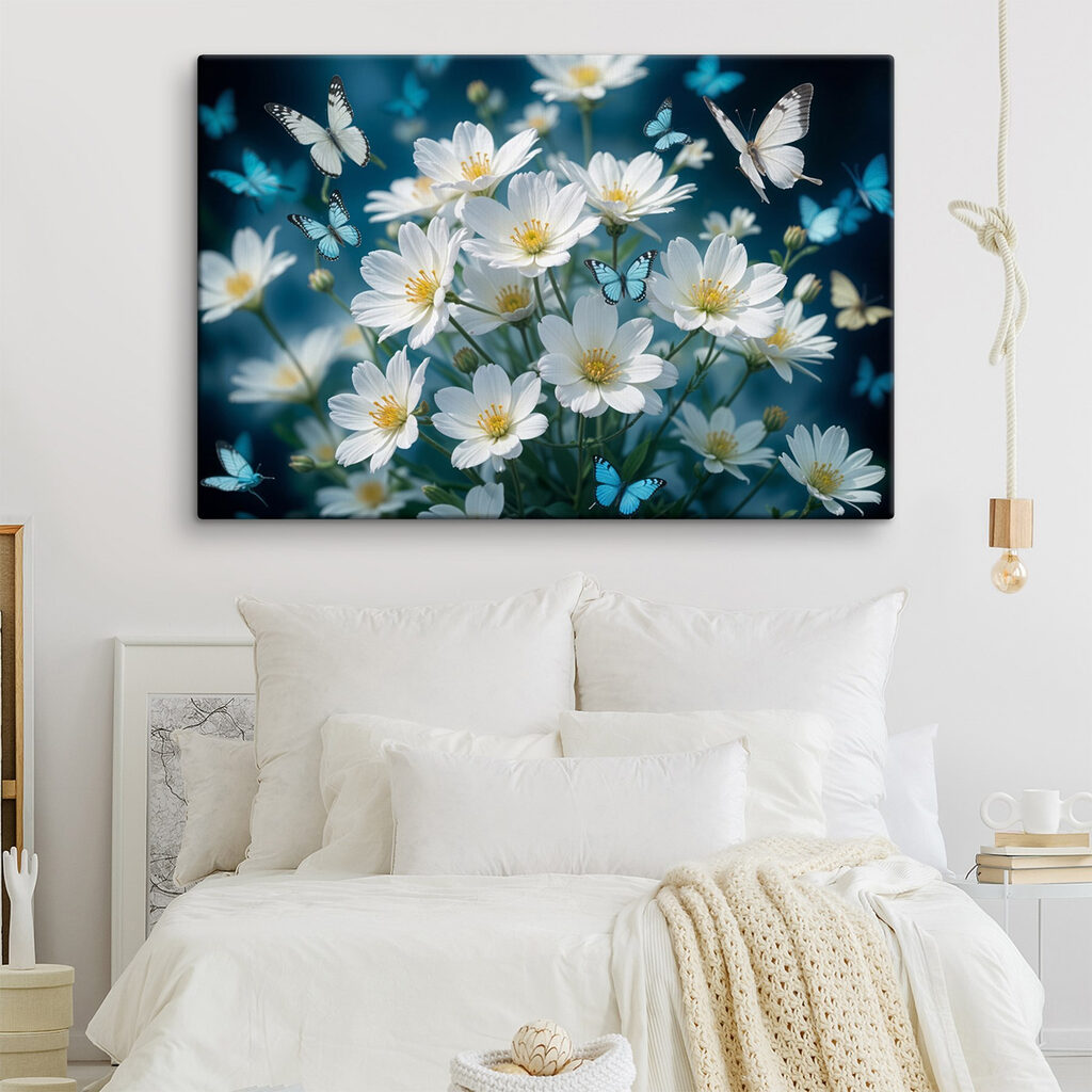 Group of butterflies flying around a white flowers