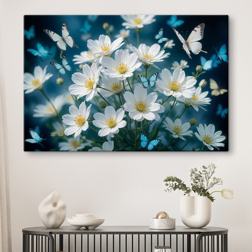 Group of butterflies flying around a white flowers
