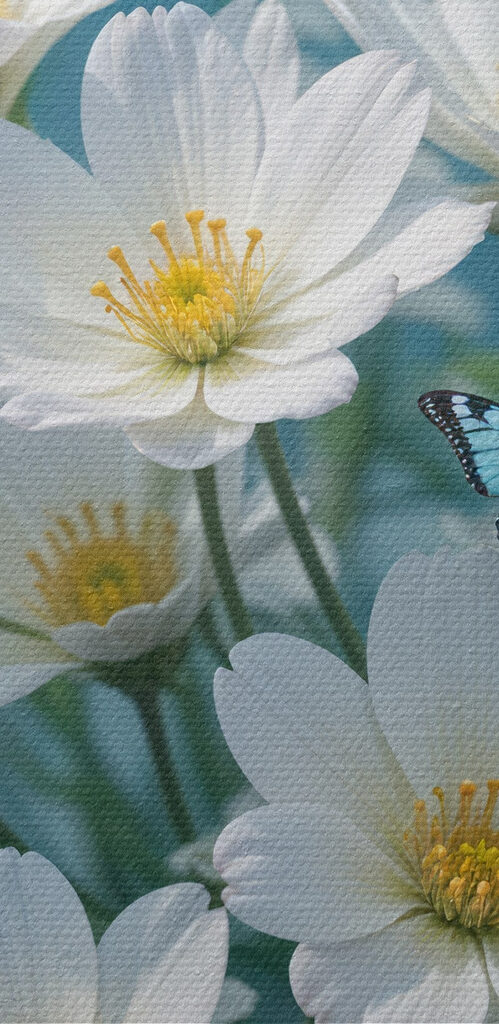 Group of butterflies flying around a white flowers