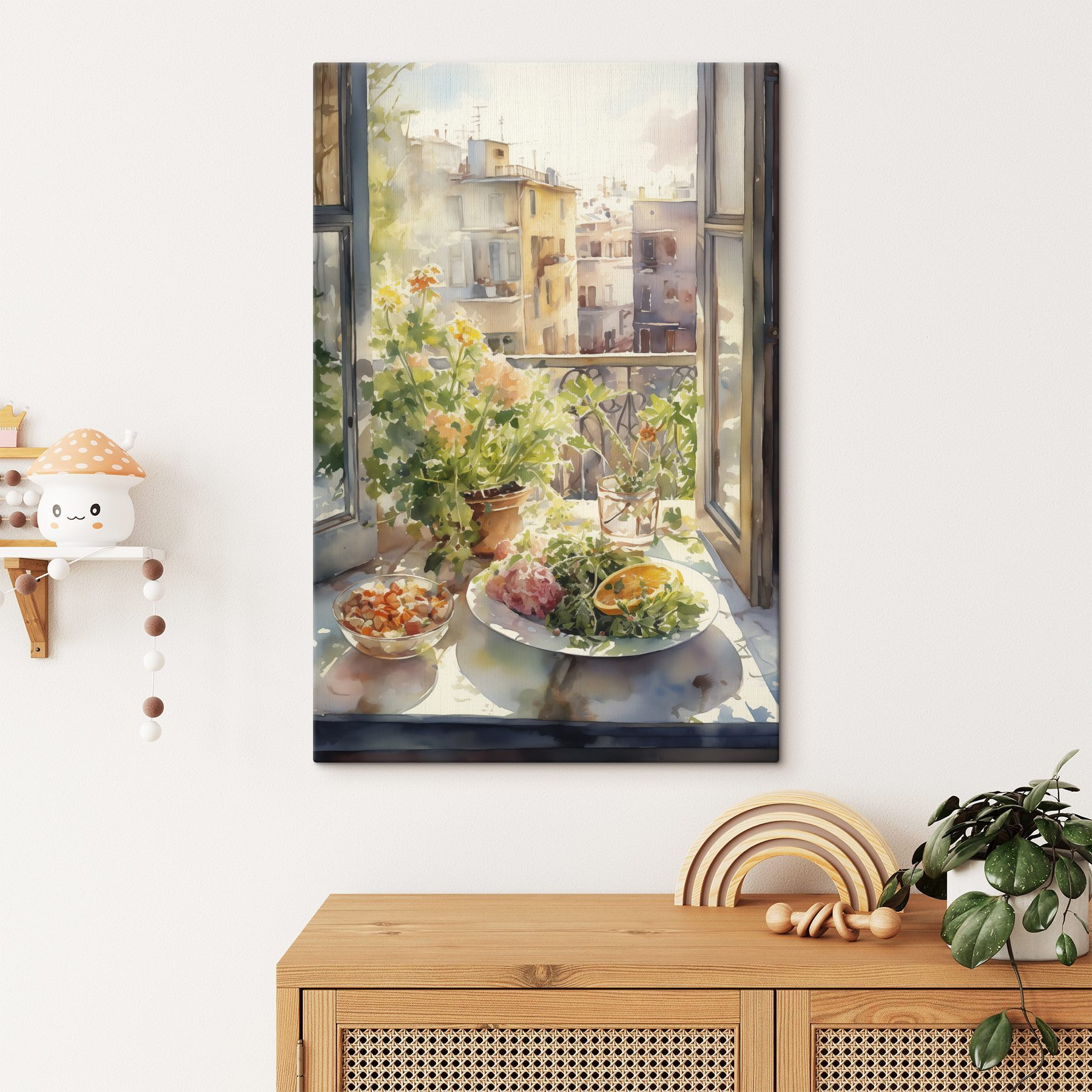 Watercolor painting of a table with food and flowers in front of a window