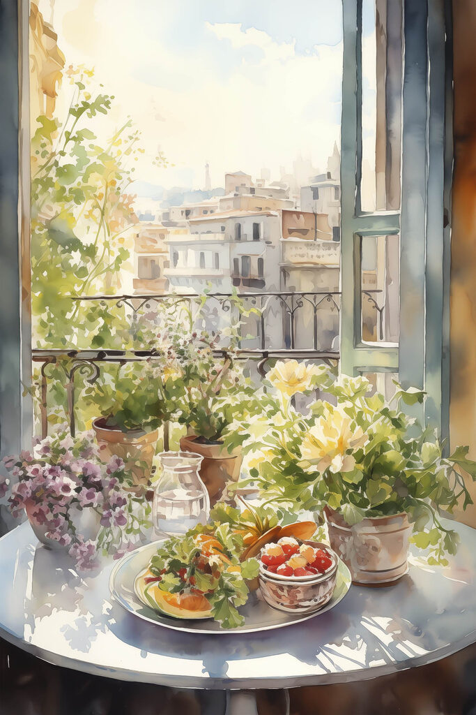 Watercolor painting of flowers and fruits on a table in front of a window