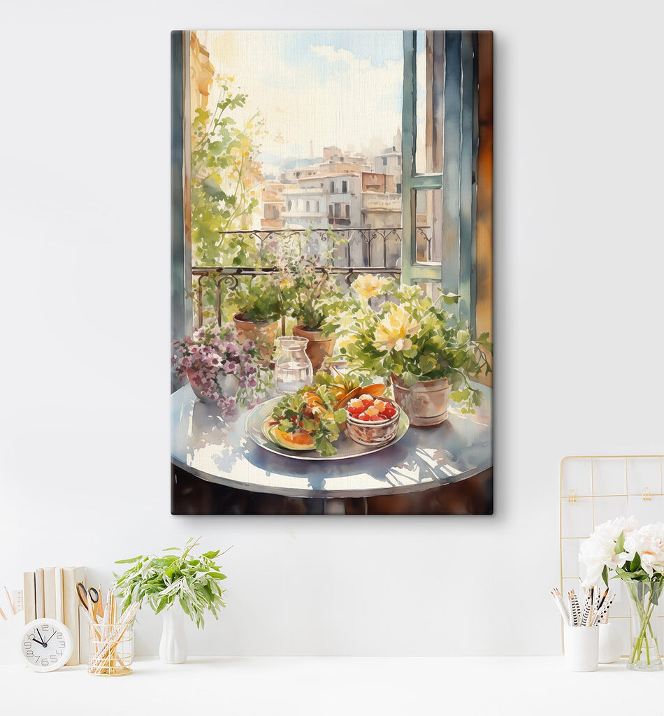 Watercolor painting of flowers and fruits on a table in front of a window