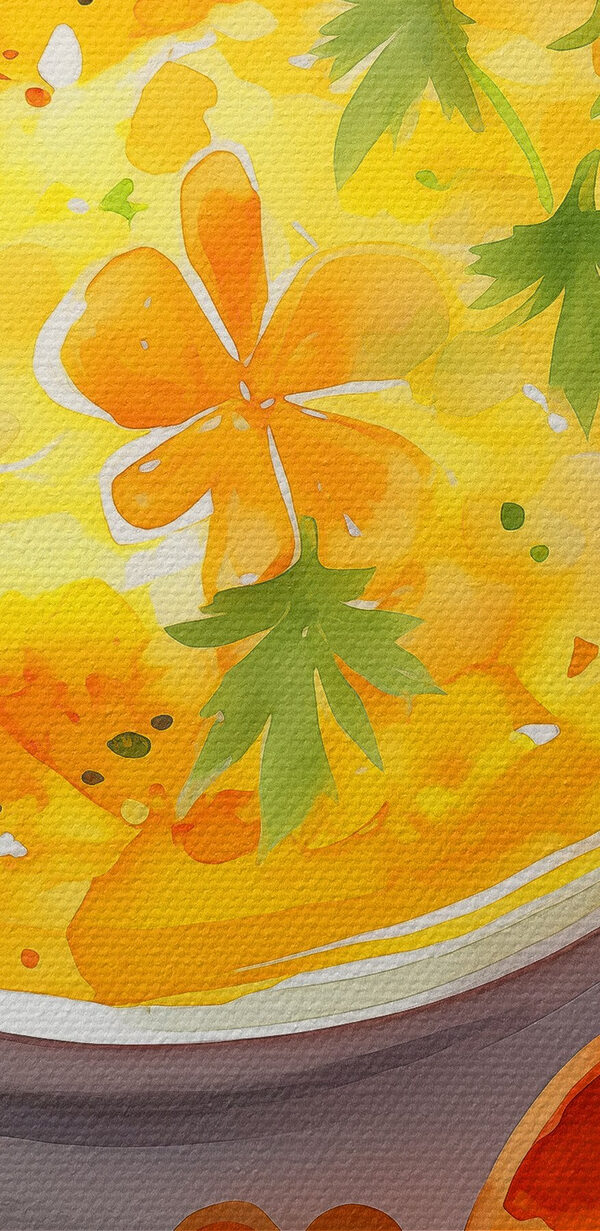 Bowl of orange soup with flowers and leaves