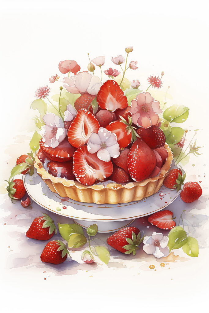 Watercolor of a pie with strawberries and flowers Watercolor of a pie with strawberries and flowers