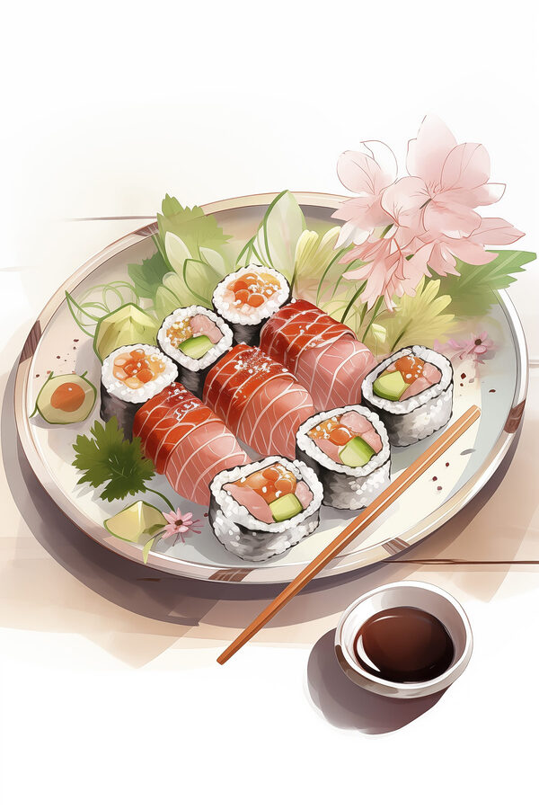 Plate of sushi with sauce and flowers Plate of sushi with sauce and flowers
