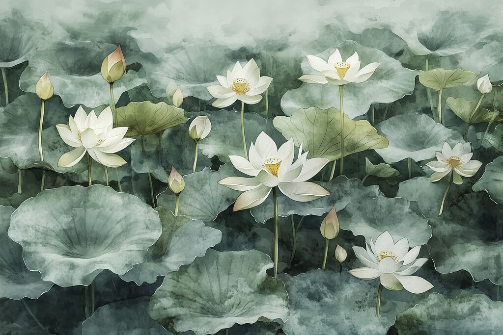 Group of white flowers and green leaves