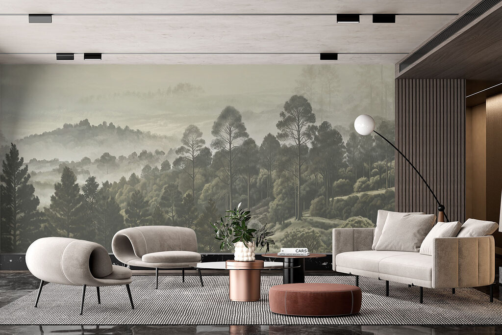 Landscape of trees and fog