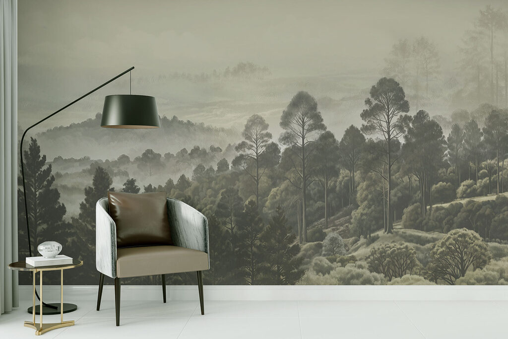 Landscape of trees and fog