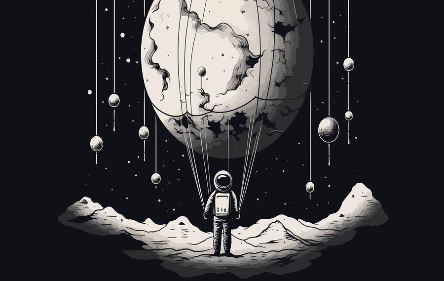Astronaut ve vesmíru s balónem na obloze