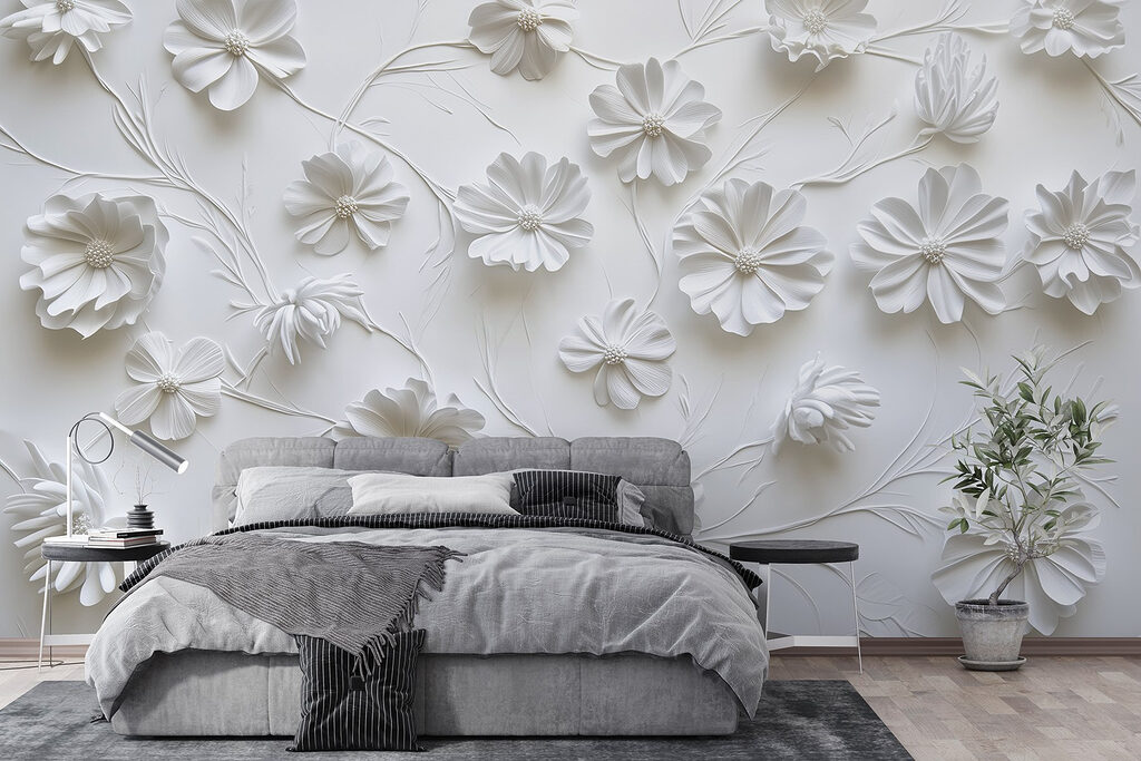 White paper flowers on a white surface White paper flowers on a white surface