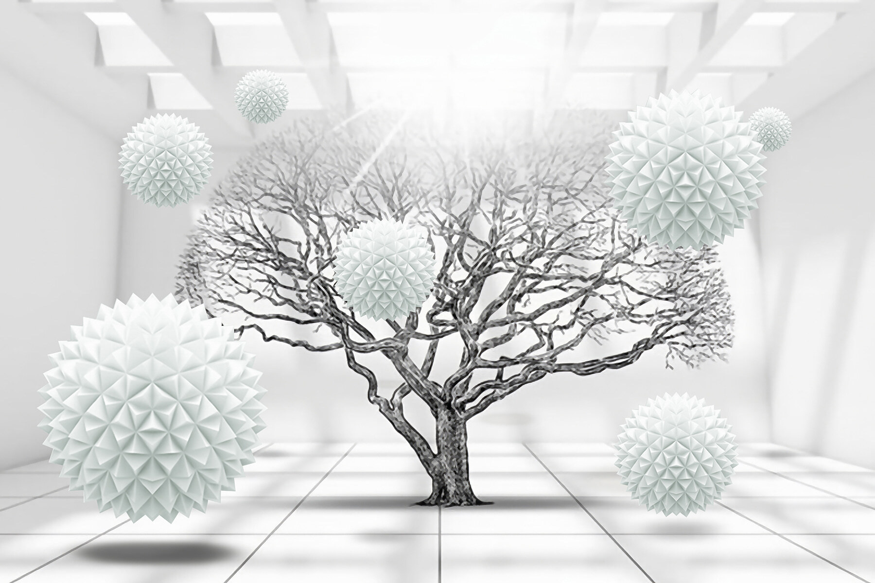 Tree with white balls floating in the air
