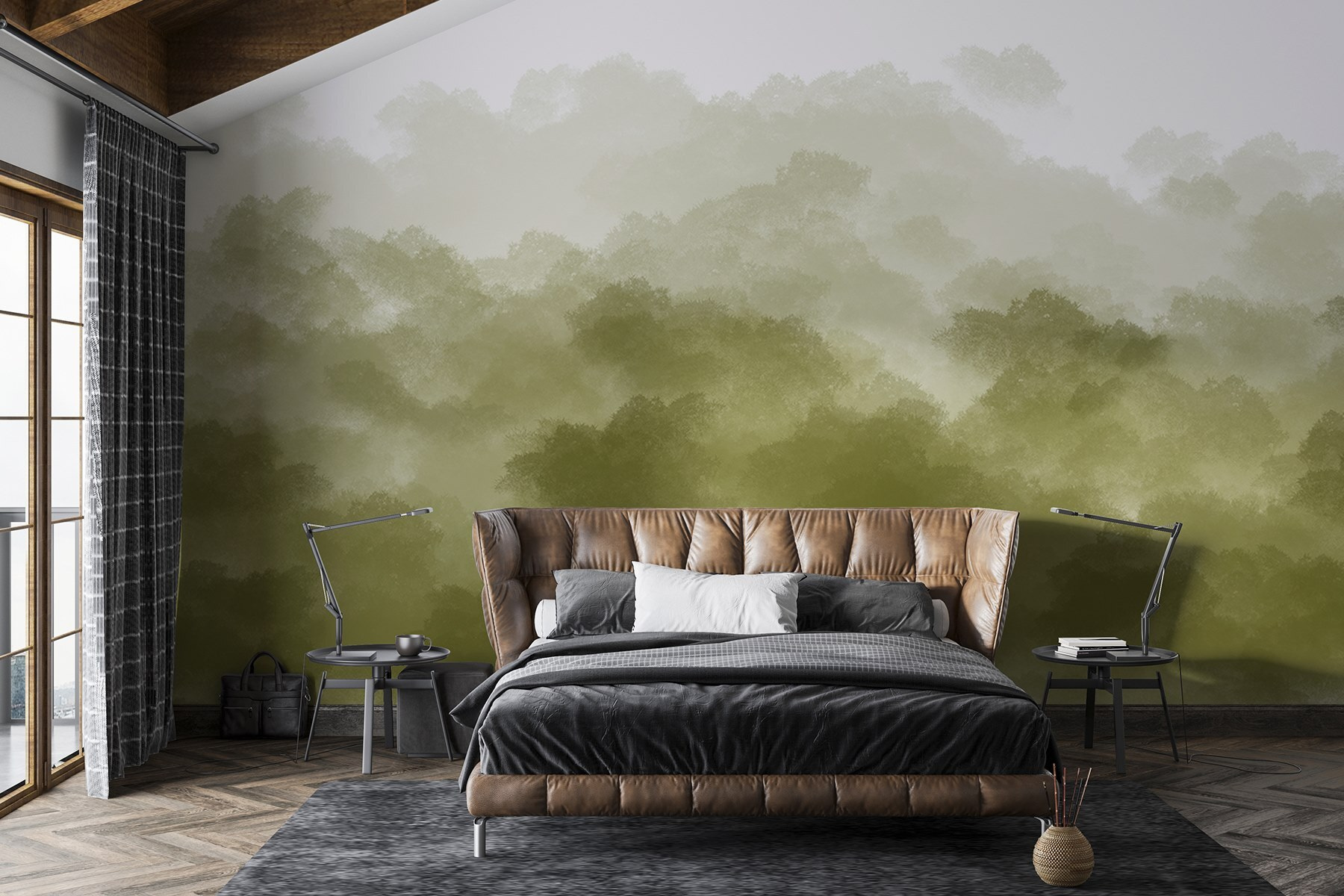 Foggy forest with green smoke
