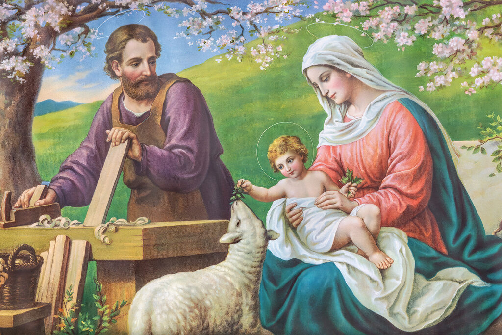 Painting of a man and woman holding a baby