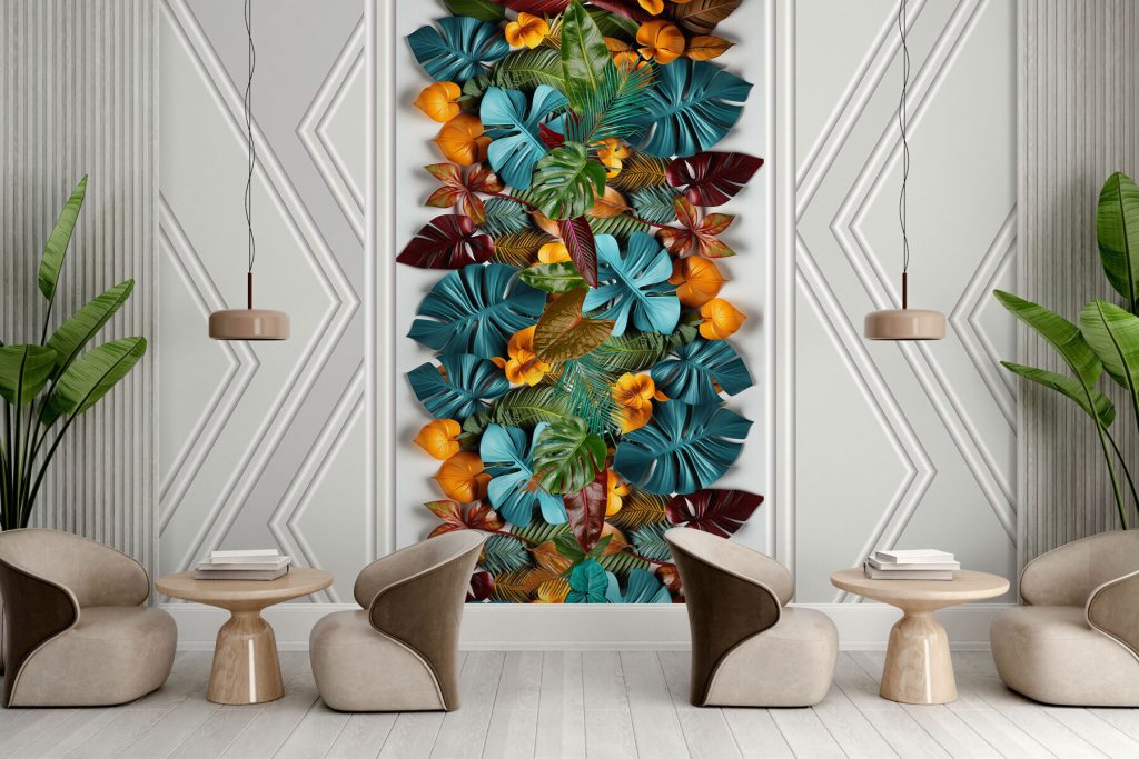 White door with colorful leaves