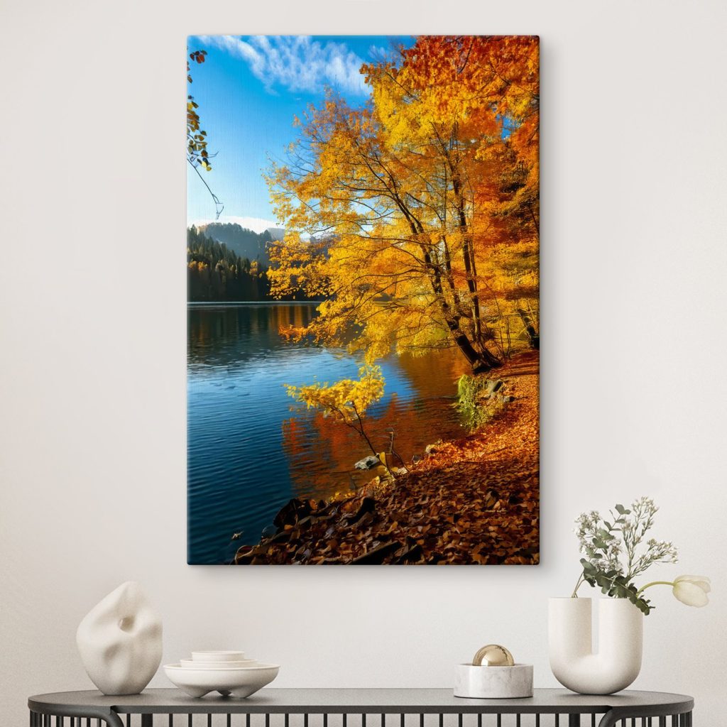 Lake with trees and leaves on the ground