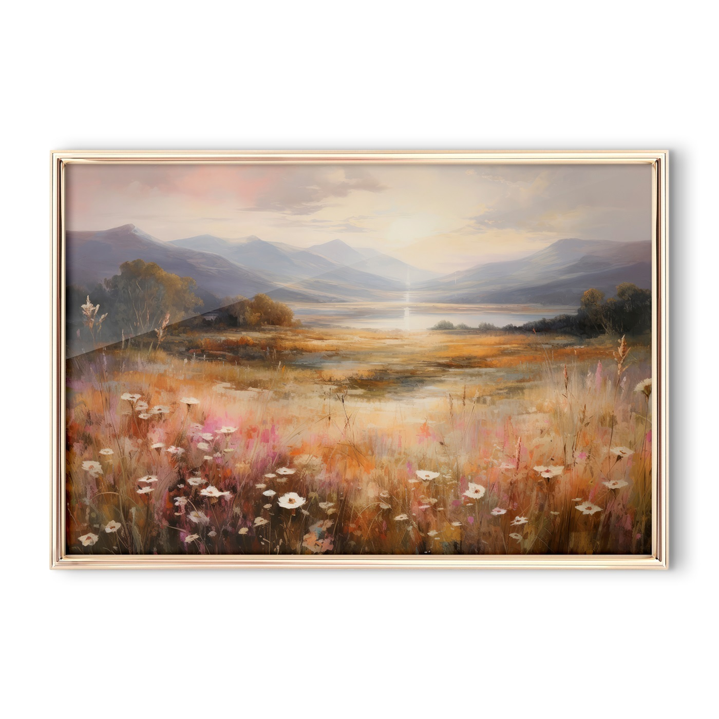 Painting of a field with flowers and mountains in the background Painting of a field with flowers and mountains in the background
