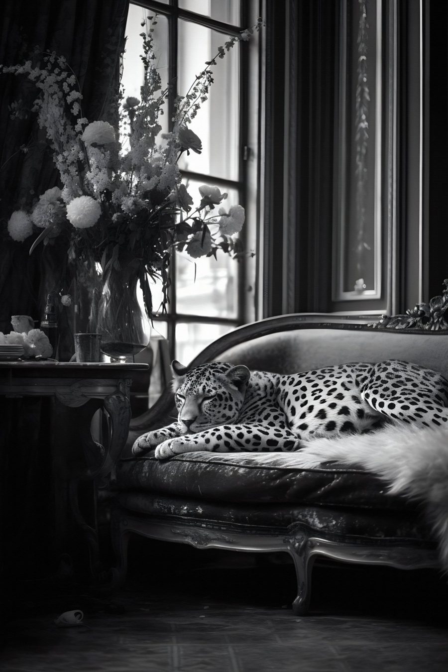 Leopard ležící na pohovce