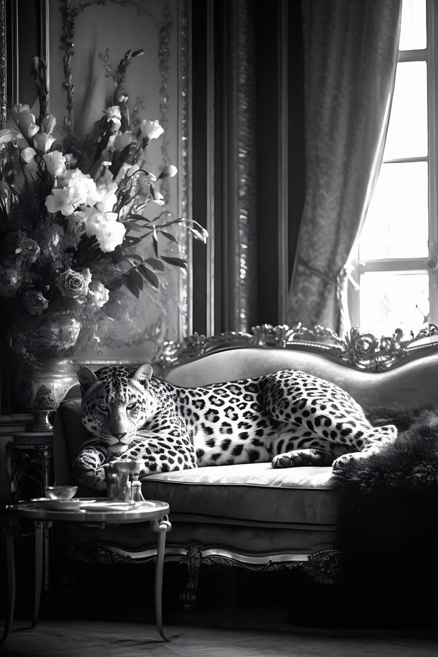 Leopard ležící na pohovce