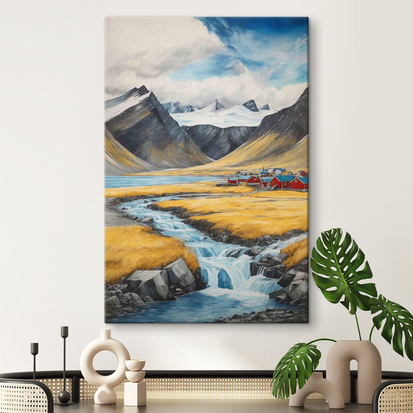 River running through a valley with mountains and a village River running through a valley with mountains and a village