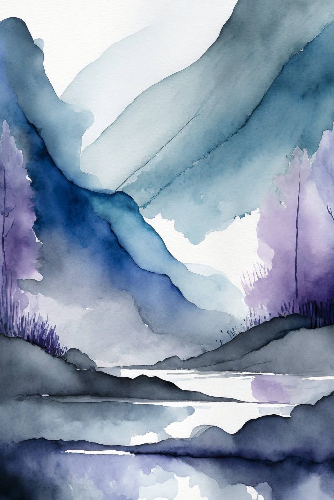 Watercolor painting of mountains and trees and a river
