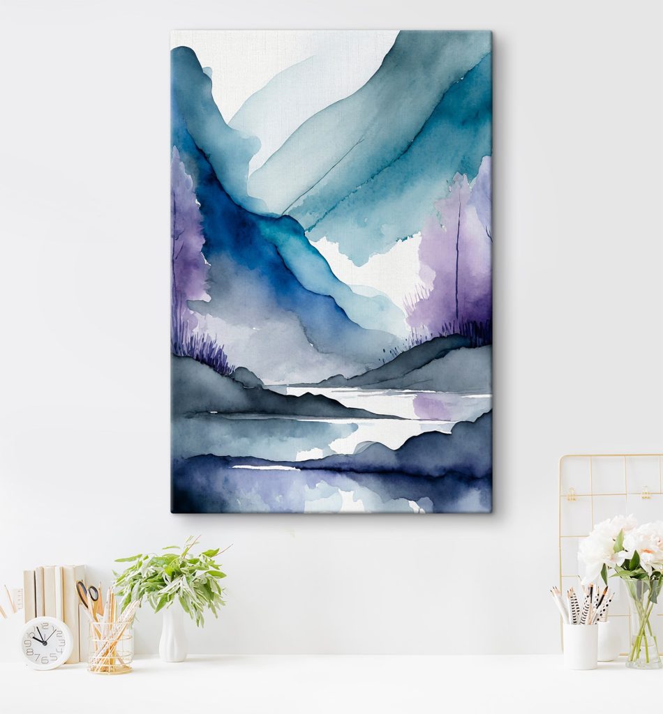 Watercolor painting of mountains and trees and a river