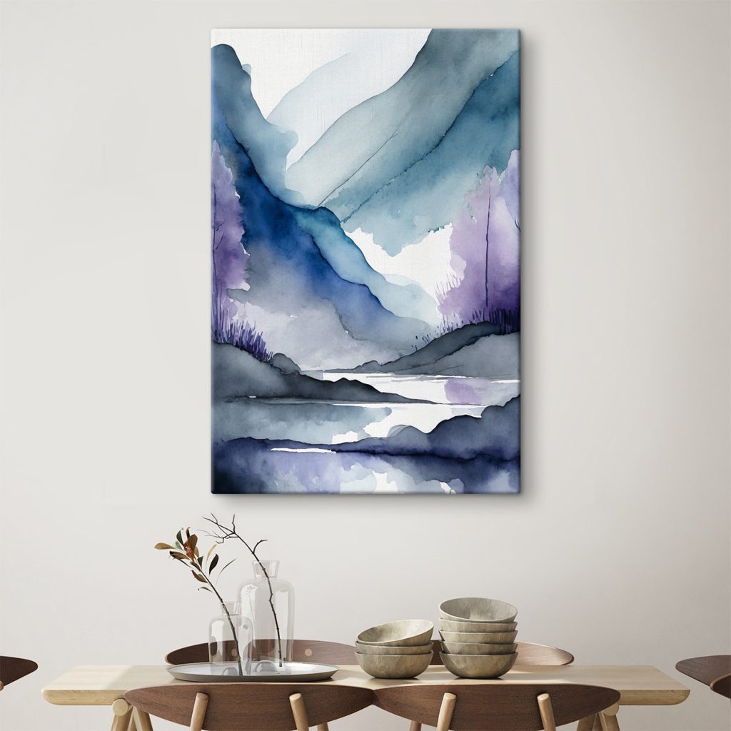 Watercolor painting of mountains and trees and a river
