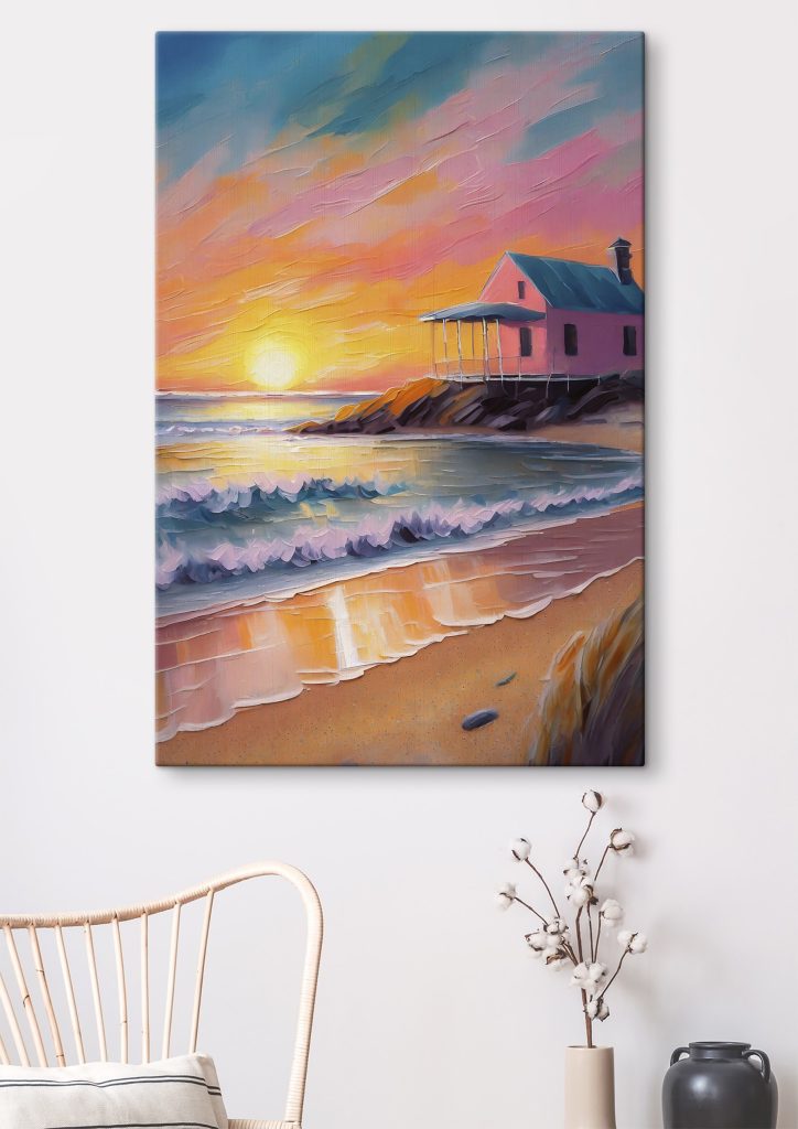 Painting of a house on a beach