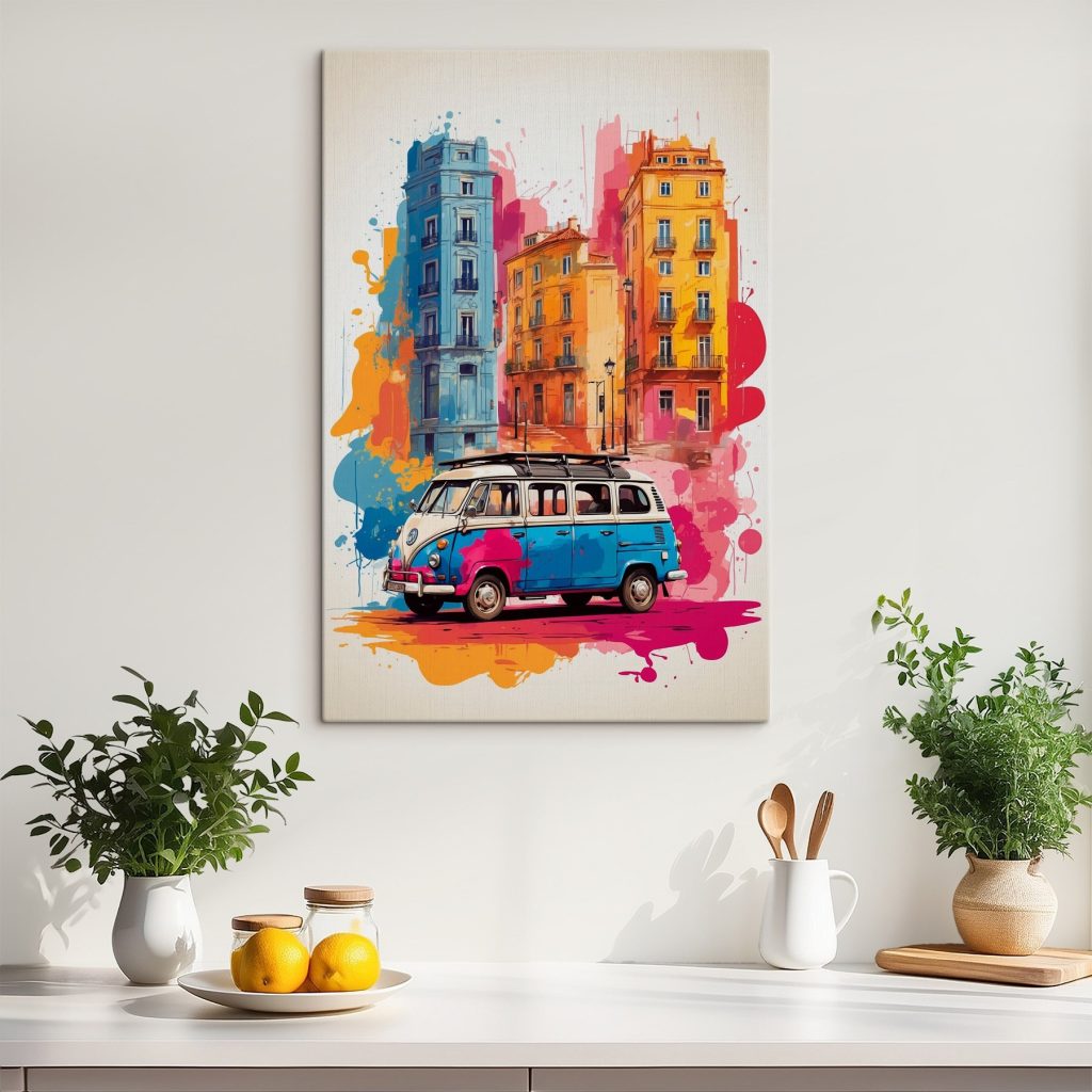 Van with a roof on the top and a colorful building