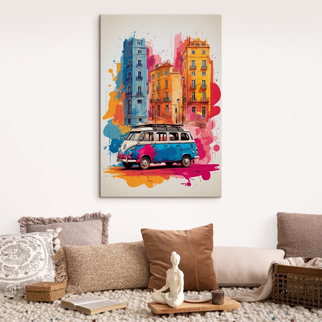 Van with a roof on the top and a colorful building