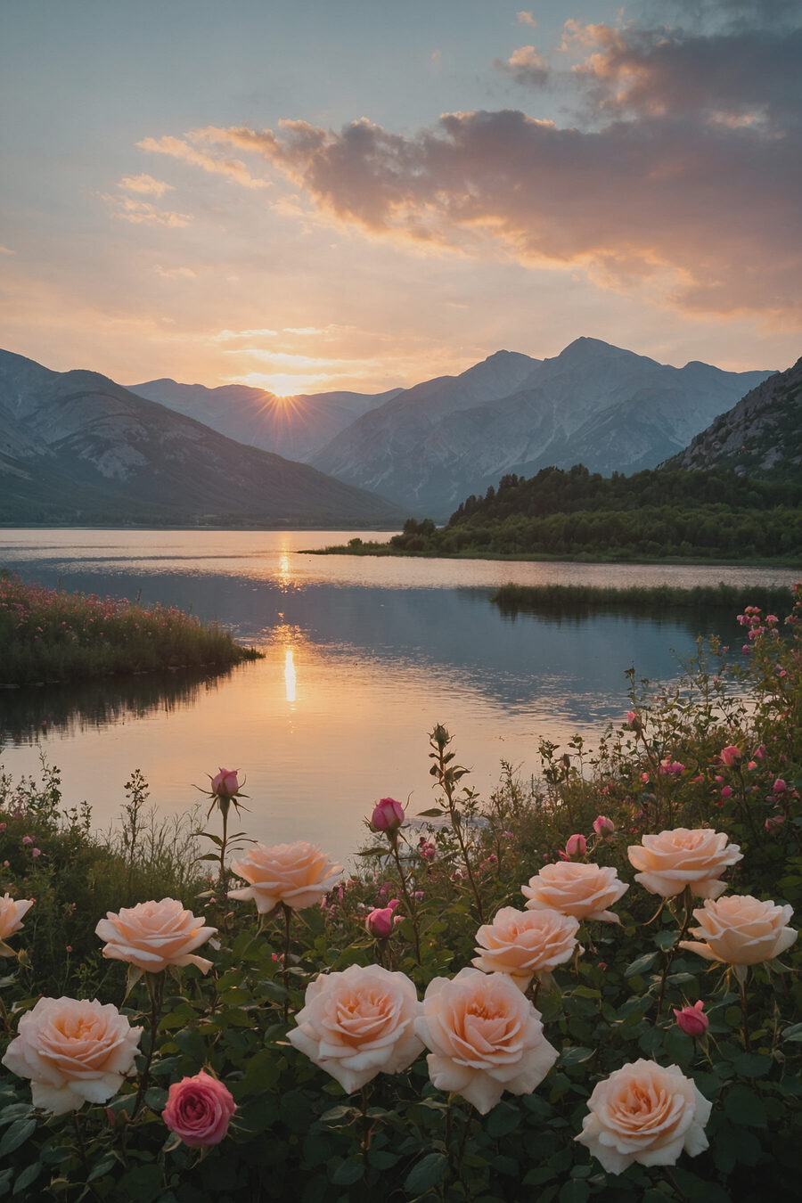 Jezero s květinami a horami v pozadí