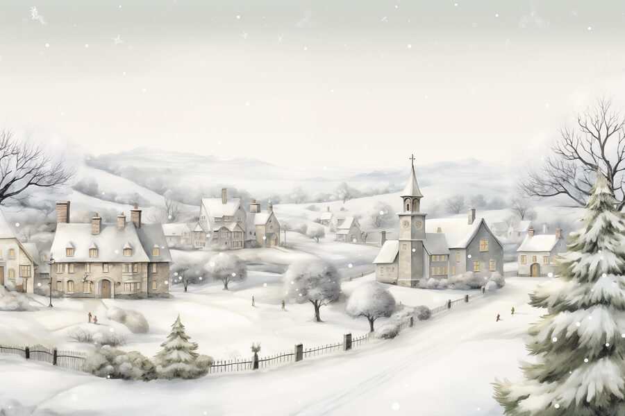 Snow covered village with a church and trees Snow covered village with a church and trees