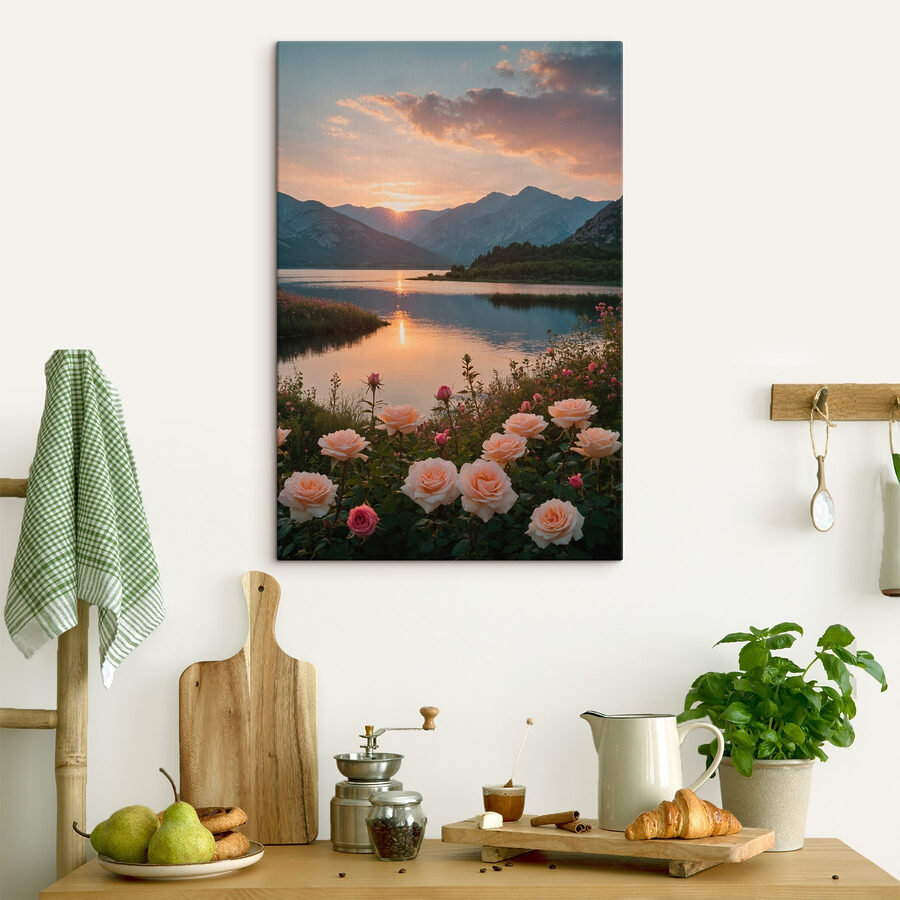 Jezero s květinami a horami v pozadí