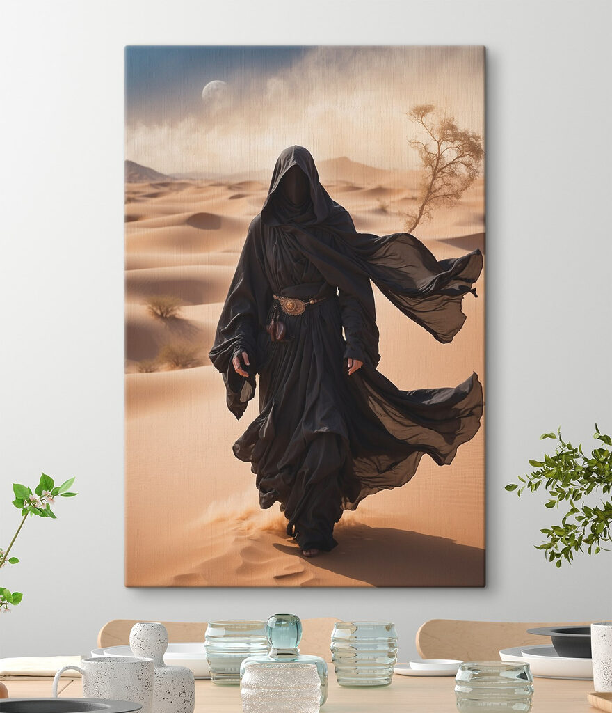 Person in a black robe walking in a desert Person in a black robe walking in a desert