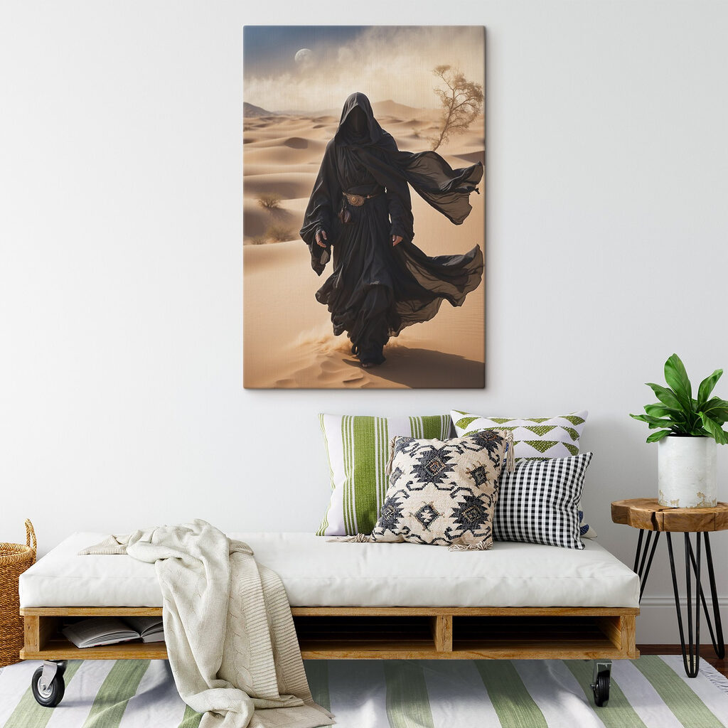 Person in a black robe walking in a desert Person in a black robe walking in a desert