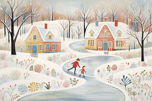 Painting of a couple of people skating on a snowy road Painting of a couple of people skating on a snowy road