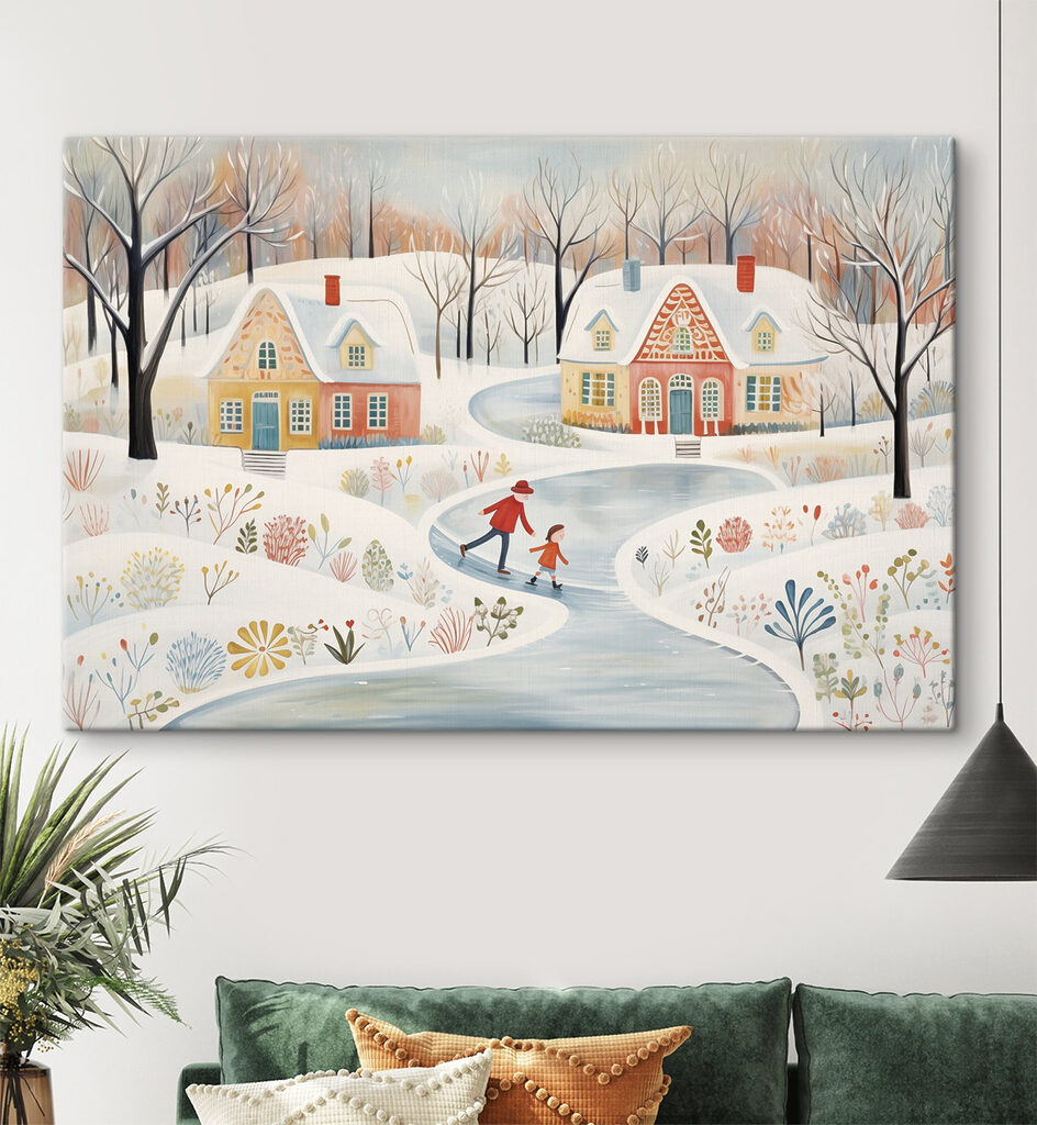 Painting of a couple of people skating on a snowy road Painting of a couple of people skating on a snowy road